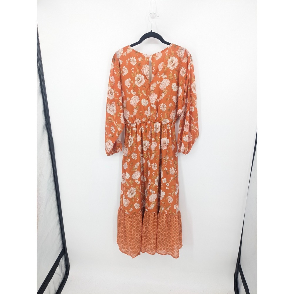 Mila Mae Midi Dress Womens Small Orange Floral Long Sleeve Belted Flowy Boho - Picture 5 of 10